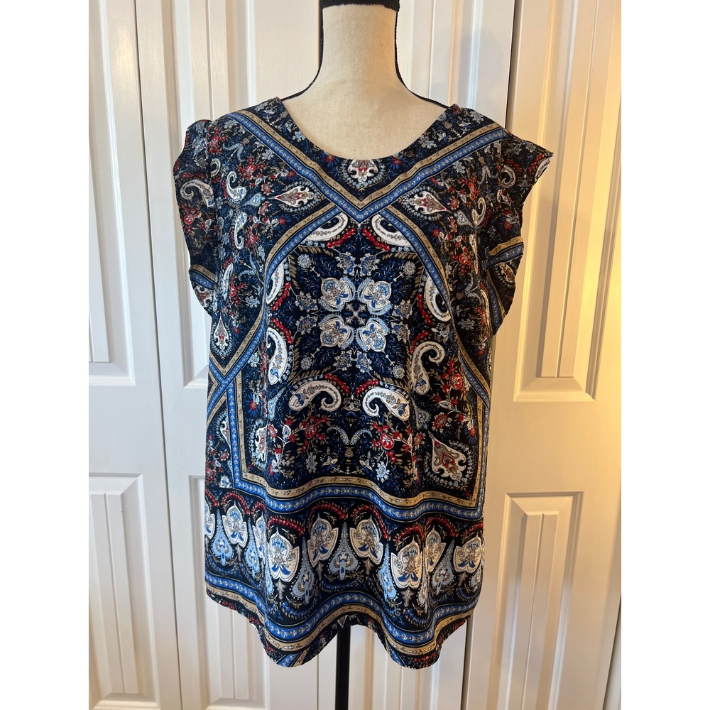 Cato Womens Plus 18/20W Blue Paisley Scarf Print V-Neck Tie Back Blouse Top